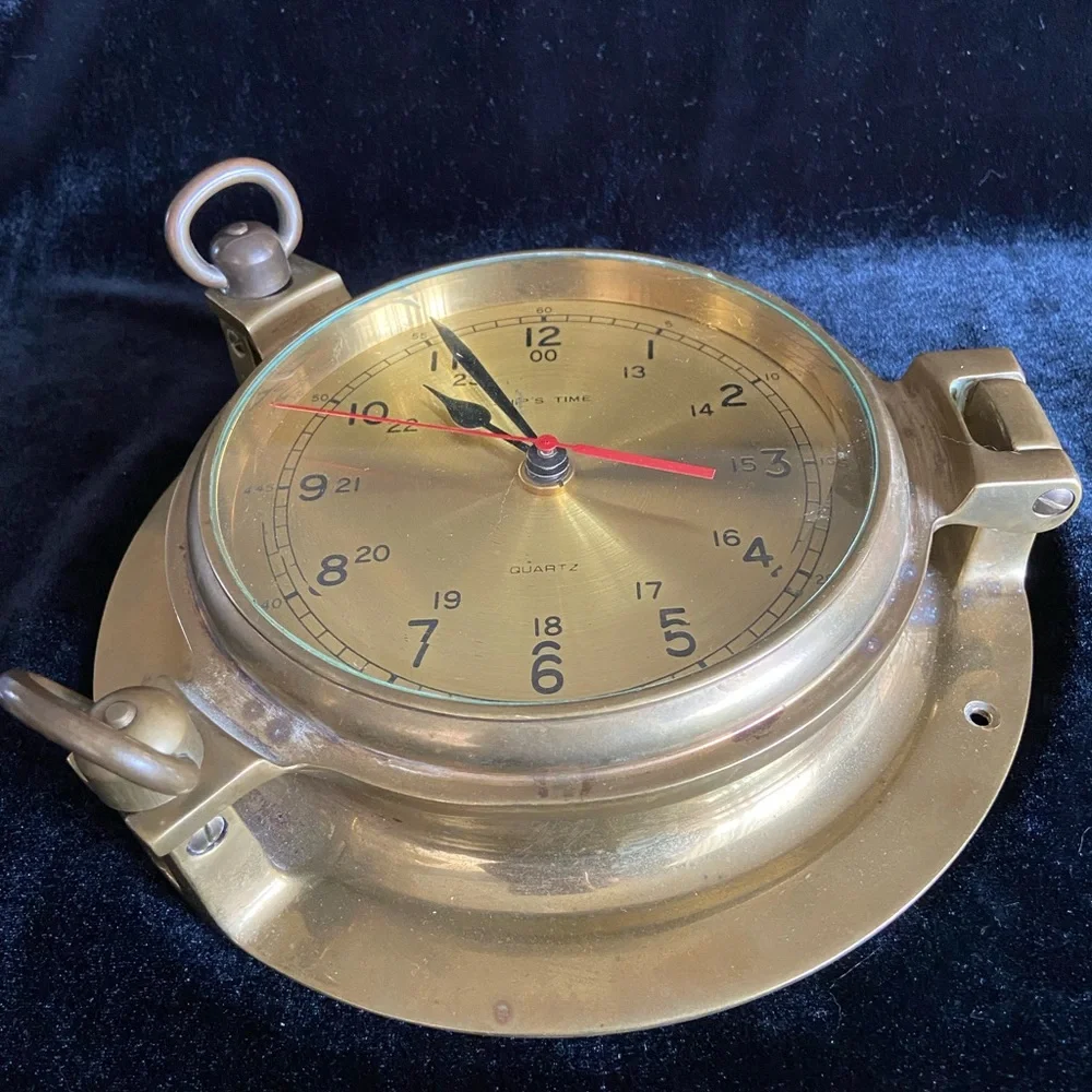 Ship's Time Brass Wall Clock Porthole Quartz Nautical Heavy Captain Boat